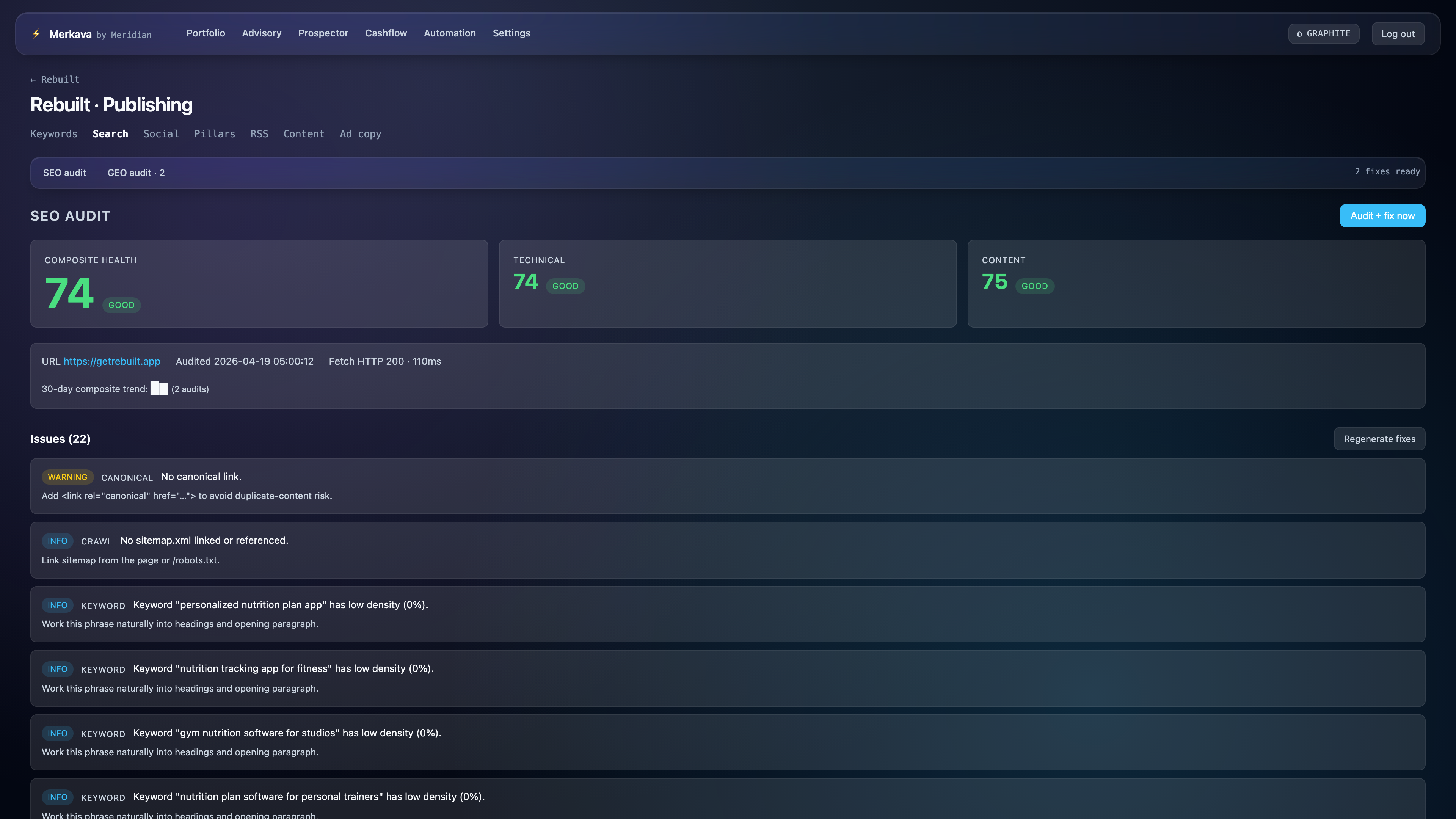 Beacon audit view showing findings with Implement buttons and commit links