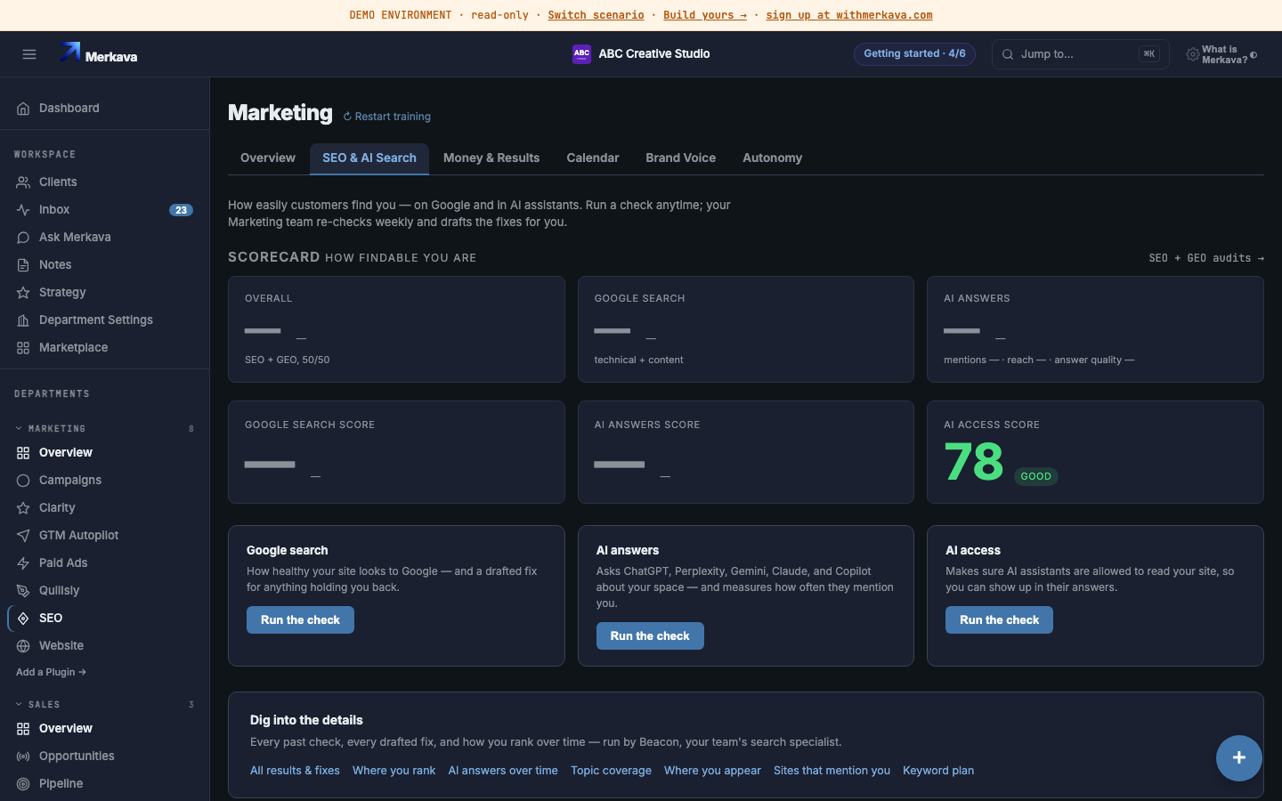 The visibility command center — score, gaps, and history in one view.