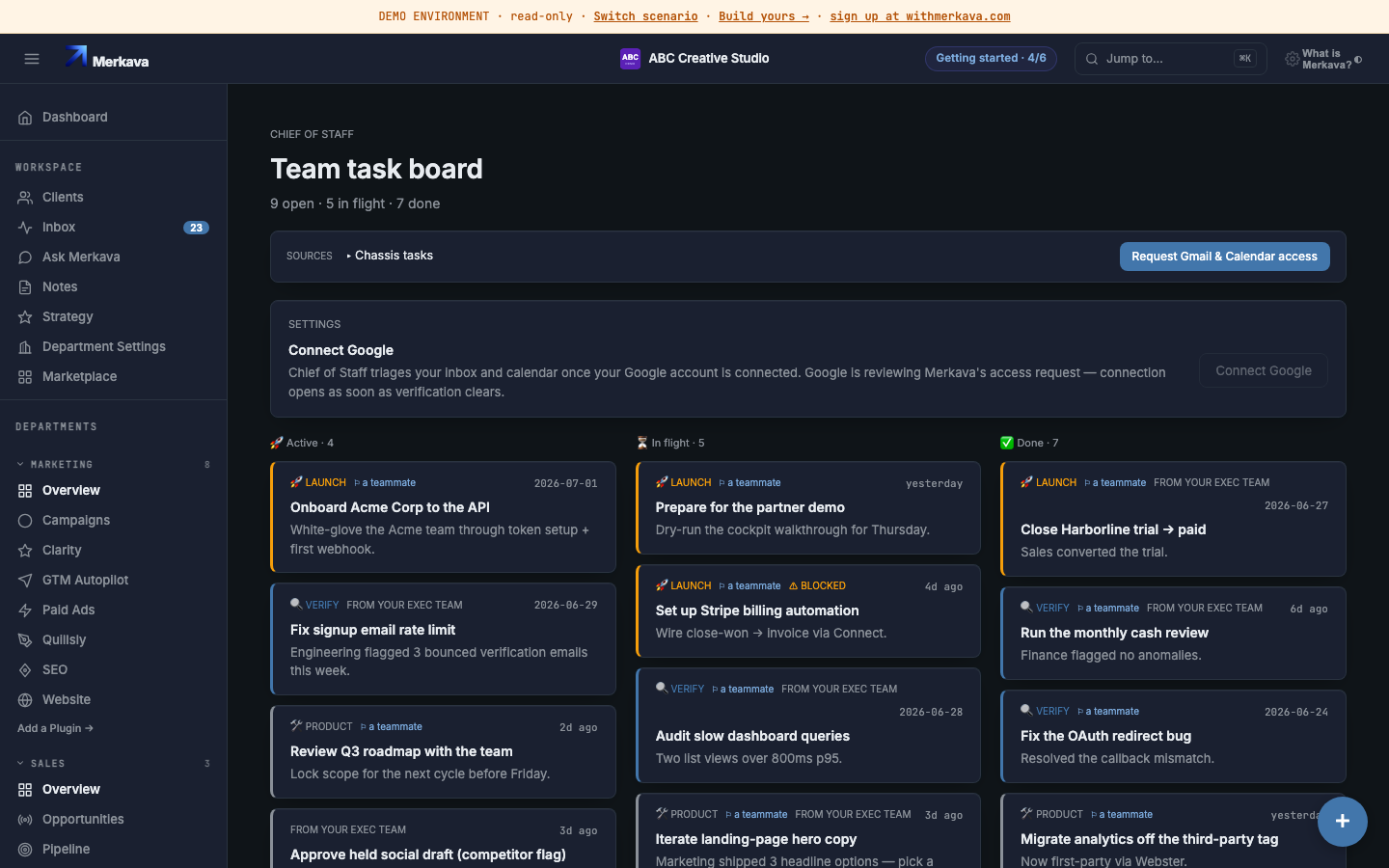 The Active / In flight / Done task board.