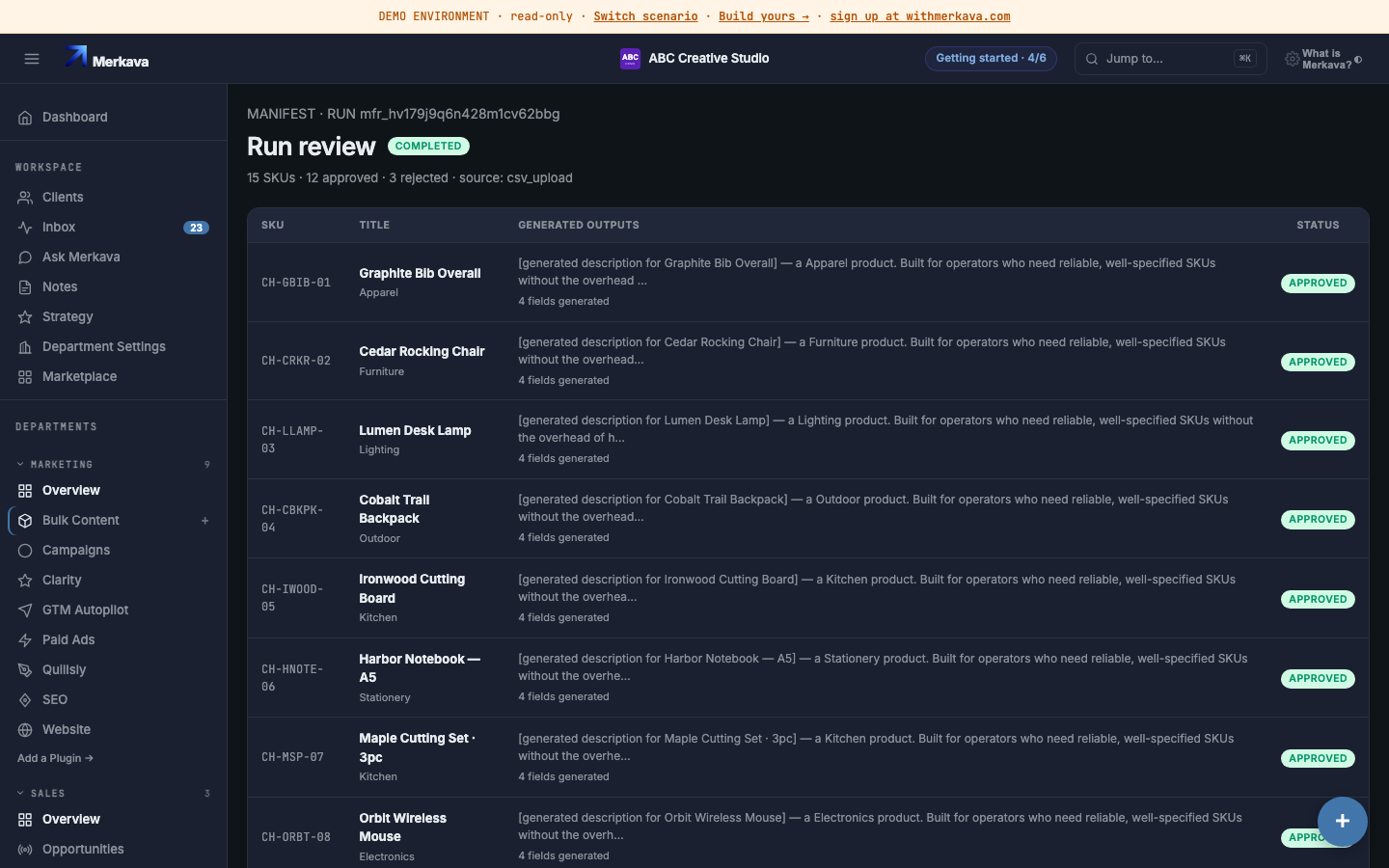 A CSV import ready to generate descriptions across the catalog.
