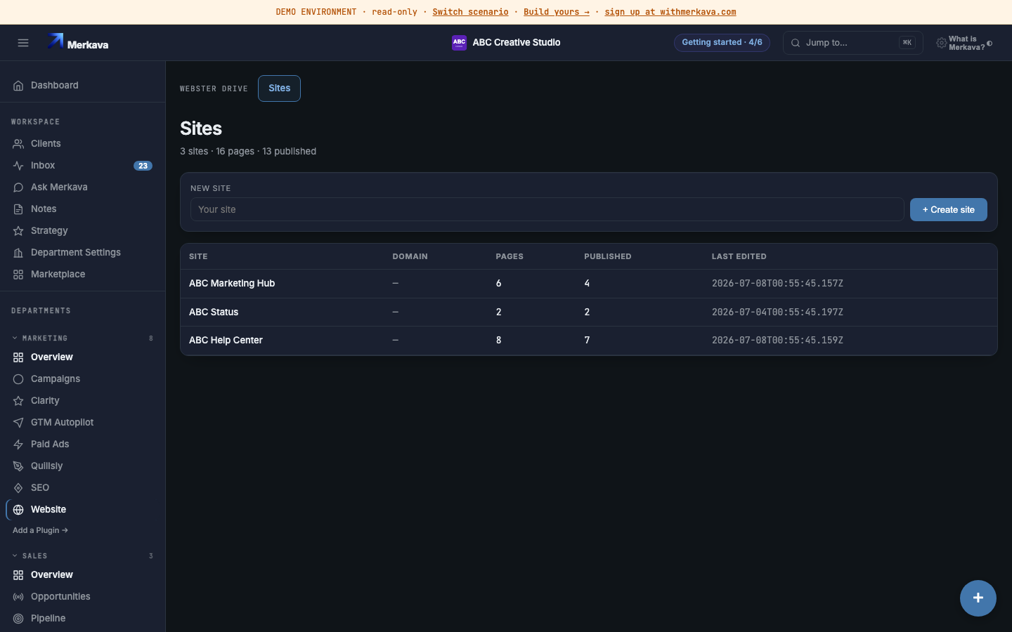 The page builder — draft, preview, and publish a page without touching code.