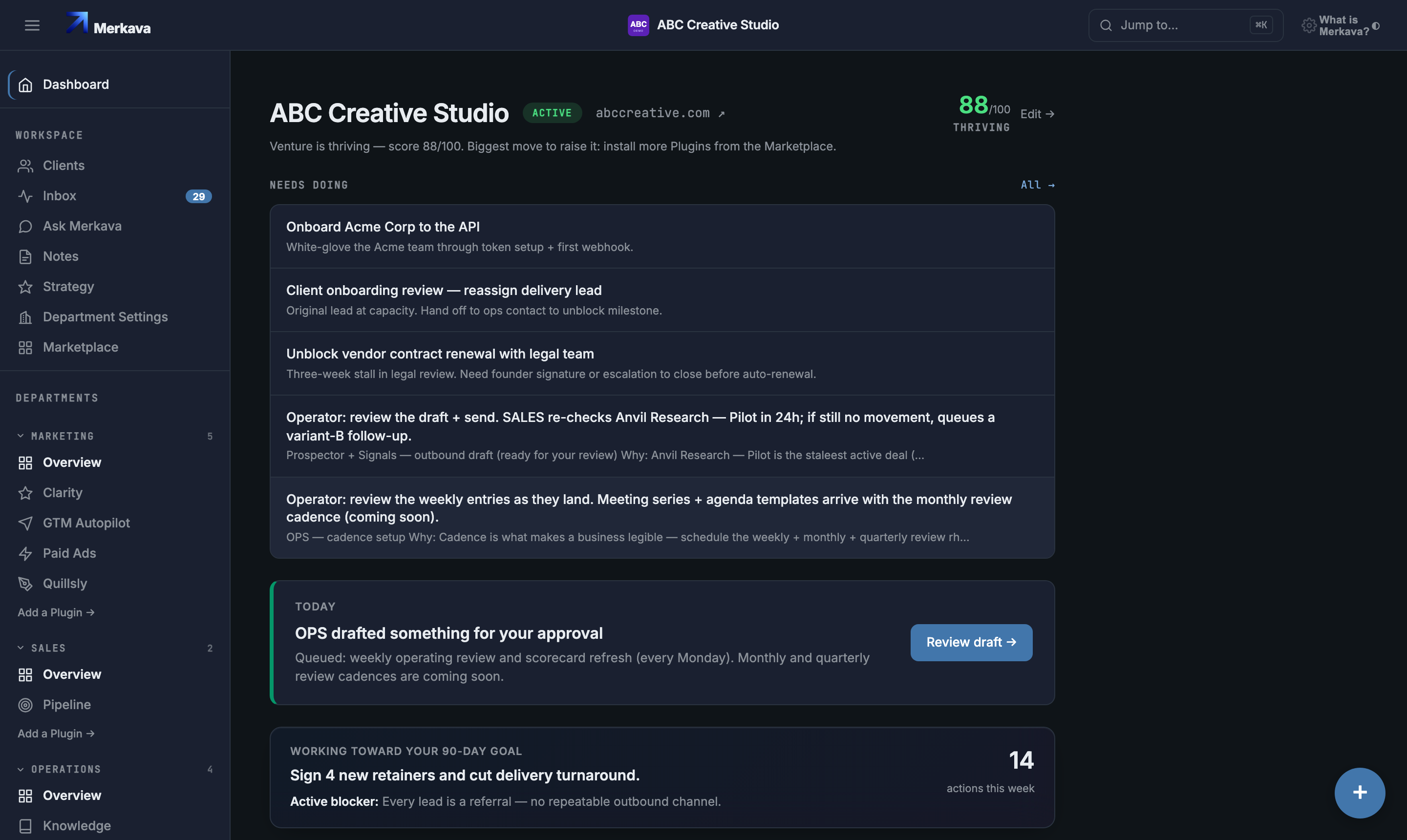 The Merkava dashboard — a live venture with its AI executive team shipping work: tasks queued for approval, a thriving score, and departments in the sidebar
